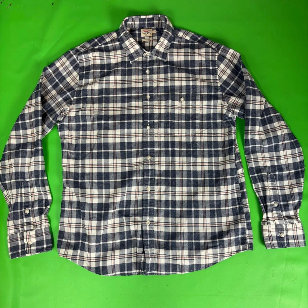Faherty Soft Brushed Organic Cotton Button Up Mens L Blue/White Plaid Pocket EUC